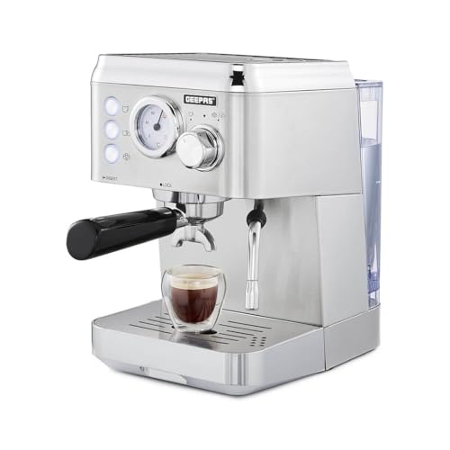 GEEPAS Espresso & Cappuccino Coffee Machine with Milk Frother, 15 Bar Pressure | 1.8L Detachable Water Tank Capacity, Stainless Steel Housing | 1140W, Silver