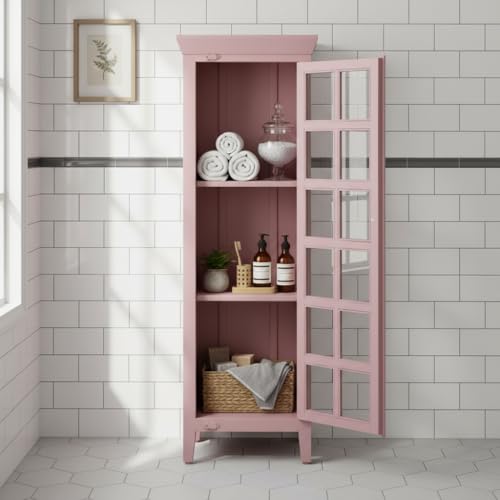 Image of APRODZ Mango Wood Crockery Cabinet with Glass Door | Wooden Kitchen Storage Cabinet for Dining Room Living Room & Bedroom | Tall Storage Cabinet with Shelves | Display Cabinet for Home, Light Pink