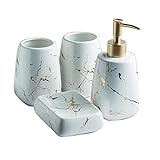 YYW Keramiek Badkamer Sets, 3/4/5 Stuks Moderne Luxe Badkamer Accessoires Set Marmeren Patroon Keramiek Badkamer Sets Accessoires voor Thuis, Appartement, Slaapzaal (Heldere Witte Badkamer 4-Delige Set)