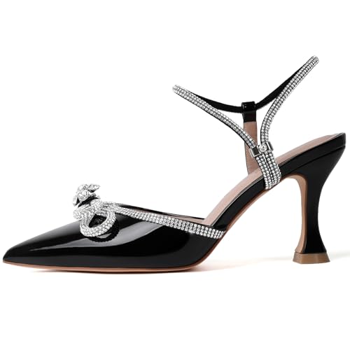 Image of Susanny Women's Closed Toe Rhinstone Wedding Low Heel Slingback Clear Kitten Heels,Adjustable Strap Pointed Toe Bow Pumps High Heeled Prom Dress Shoes