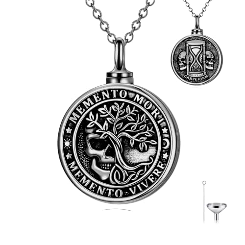 Memento Mori Black Skull Urn Necklace for Ashes Gothic Tree of Life Hourglass Cremation Memorial Jewelry Amulet Protection Necklace Gift for Men Women Him Her