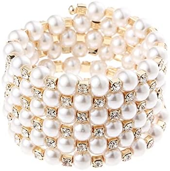 Asphire Vintage Great Gatsby Pearl Bracelet Multi-Layered Chunky Pearl Crystal Elastic Bangle Bridal Wedding Jewelry 1920s Flapper Prom Party Costume Accessories for Women, Gold