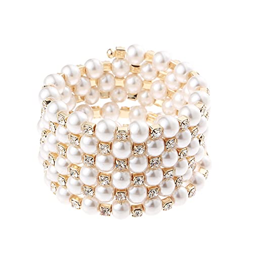 Asphire Vintage Great Gatsby Pearl Bracelet Multi-Layered Chunky Pearl Crystal Elastic Bangle Bridal Wedding Jewelry 1920s Flapper Prom Party Costume Accessories for Women, Gold