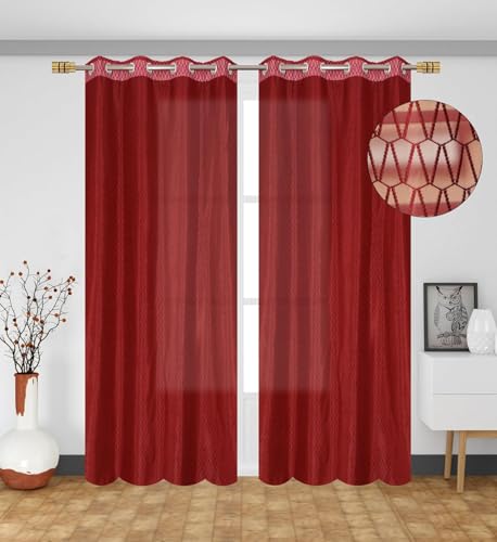 Image of HOME UTSAV Premium Sheer Net Curtain for Window 6 Feet | Transparent Net Fabric with Geometric Design | Pack of 1, Maroon
