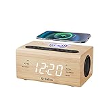 Gelielim Wooden Digital Alarm Clock FM Radio with Wireless Charging, Bluetooth, Dual Alarm, USB Charging Port, Snooze, 12/24H, Sleep Timer, Clock Radio for Bedroom, Bedside, Desk