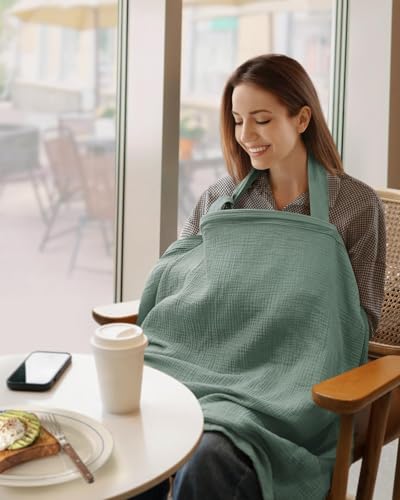 blissful diary muslin nursing cover for breastfeeding breathable breastfeeding cover up with arch neckline for women nursing apron roman green