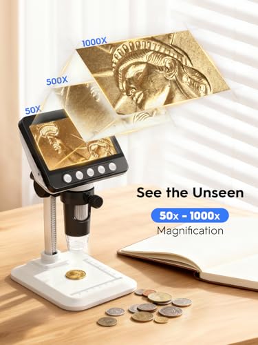Image of Coin Microscope, 4.3 inch LCD USB Digital 1000X 1080P Coin Magnifier | 8 Adjustable LED Lights, PC View Compatible with Windows /MacBook for Adults Kids