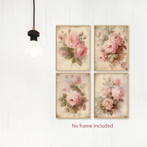 Image of laveliabel Vintage Pink Rose Wall Art Prints Set of 4 Unframed, Floral Wall Decor, Shabby Chic Pink Floral Botanical Poster Prints for Cottagecore Home Room Wall Decor 12x16 Inches