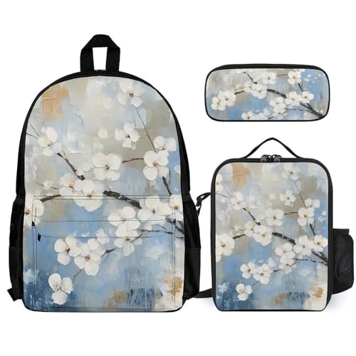 White Florals Backpack 3 Set with Lunch Bag Insulated Shoulder Meal Tote Bags Pencil Case Box Casual Daypack