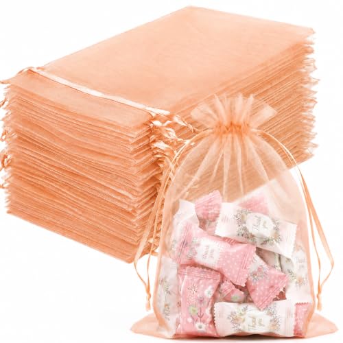 Image of FUNFERY 100PCS Peach Champagne Organza Gift Bags 5x7in,Drawstring Pouch
