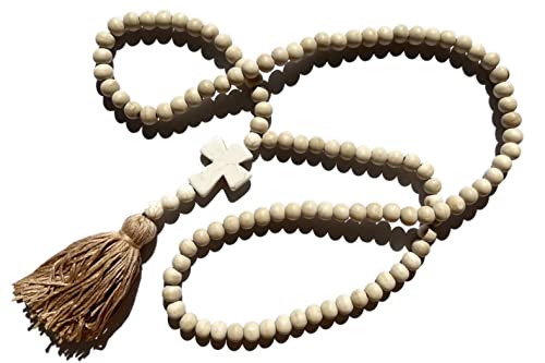 Vintage Natural Round Wooden Beads Long Sweater Chain Strand Necklace Handmade Retro Ethnic Peace Cross Star Wood Beaded Necklace Bohemia Tassel Pendant Neckalce For Women Jewelry-Cross #TOP29