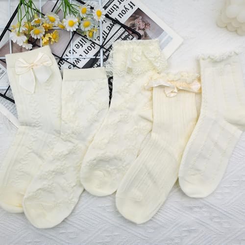 Image of 5 Pairs Women's Lace Ruffled Socks with Bows, Cute Frilly Ankle Socks