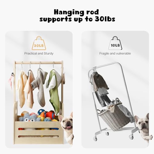 35L Wooden Dog Storage Organizer, Dog Toy Bin with Hanging Rods, 27"x16"x11" Pet Wardrobe Closet with 2 Metal Hooks, Pet Clothes Rack for Dogs Organization and Storage, Dogs Closet for Accessories - Image 4