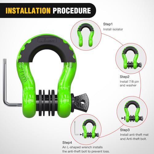 Image of Nilight 3 /4 inch D Ring Shackle 2 Pack 19T (41,887 lbs) Break Strength 4.75T WLL Heavy Duty Towing Hook with Anti-Theft System Anti-Rattle Isolators for Truck Jeep SUV ATV UTV Recovery Green