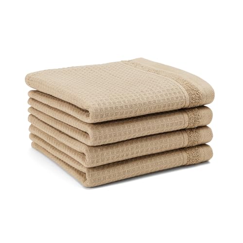 Town & Country Basics 4-Piece Waffle Woven Terry Stripe Washcloth Set, 13x13-Inch, 100% Cotton, Quick Dry, Taupe by TOWN & COUNTRY BASICS - Used condition - US$10.89