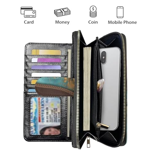 Image of COEQINE Ladies Wallets Pink Leopard Heart Black Printed Leather Phone Long Clutch Purses Check Coin Change Holder