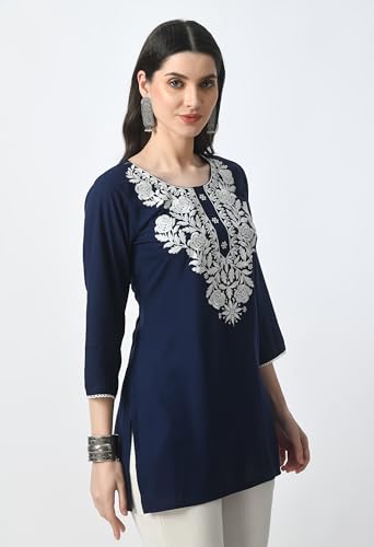 Image of LIBOZA Kurti for Women - Short Chikankari Kurtis for Girls, Lakhnawi Tunic Top Kurta Design for Ladies, Woman Ethnic Kurthis & Shirt with Sleeve