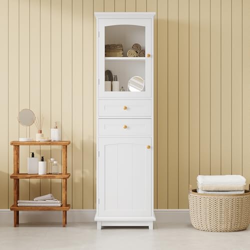 Armario alto de baño con suelo de 45 x 36 x 160 cm, color blanco lacado con puerta de cristal y 2 cajones, armario de almacenamiento estrecho para baño pequeño