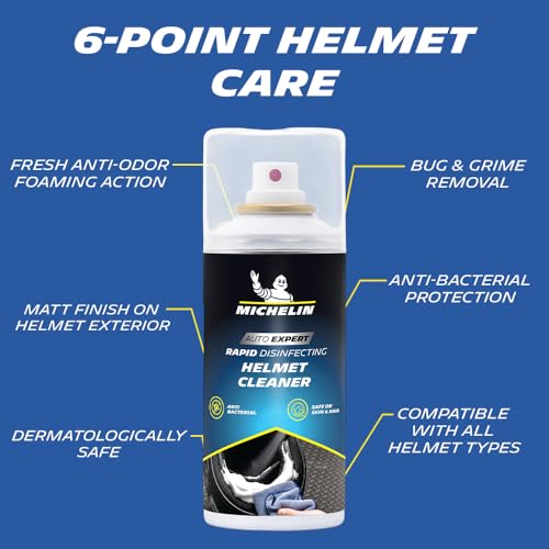 Image of Michelin Helmet Foam Cleaner Spray 150 ml | Anti-Bacterial & Anti Odor Foaming Formula | Safe on Skin, Hair, Visor & Padding | Deep Cleans Helmet Interior & Exterior