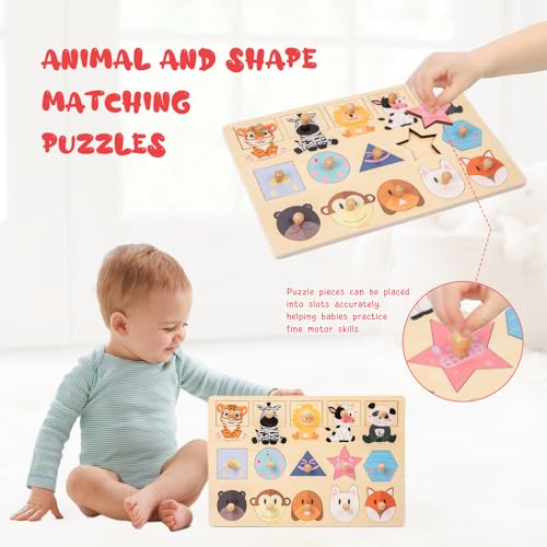 Image of Adena Montessori Jumbo Knob Animal Shape Puzzle, 1 Year Toddler | Safe wood, Large knob animal shapes. Builds color & shape recognition, fine motor & matching. Easy grip.