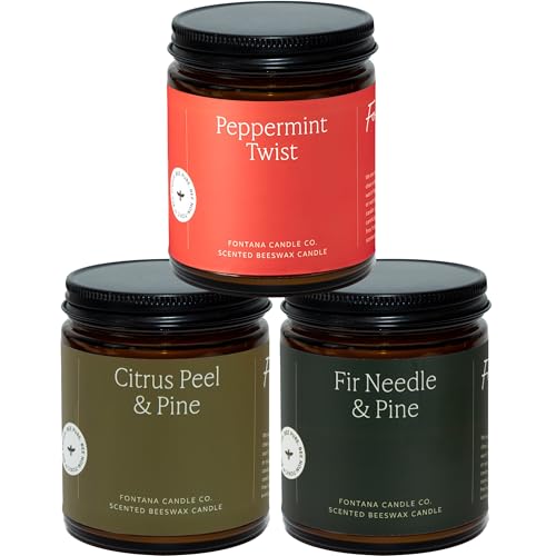 Fontana Candle Co Wood Wick Beeswax Jar Candles, 3-Jar Holiday Scent Bundle Made with Coconut Oil & Pure Essential Oils Clean Burn, Long Lasting and Non-Toxic Candles for Home & Room D...