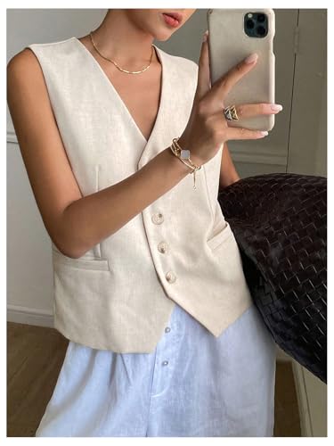 GORGLITTER Women's Button Down Linen Vest Sleevless V Neck Dressy Suit Vests Blazer4
