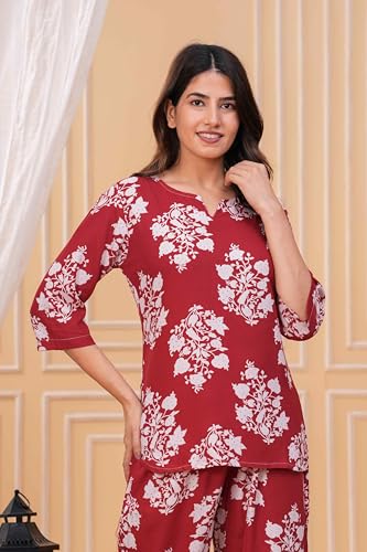 Image of Women's Printed Night Suit of Kurti & Pajama Set Women Night Wear Set