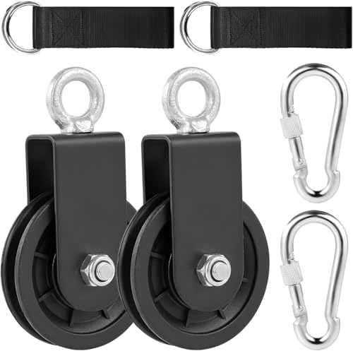 JITIFAZH 90mm Pulley System with Hanging Strap Carabiner Gym Cable Pulley System for DIY Home LAT Pulldown Gym Equipment and Lift Cable Machine Load 150 kg (2Sets-Black)