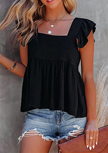 WIWIQS Women's Ruffle Sleeve Crew Neck Vest Tops Summer Elastic Square Neck Blouses3