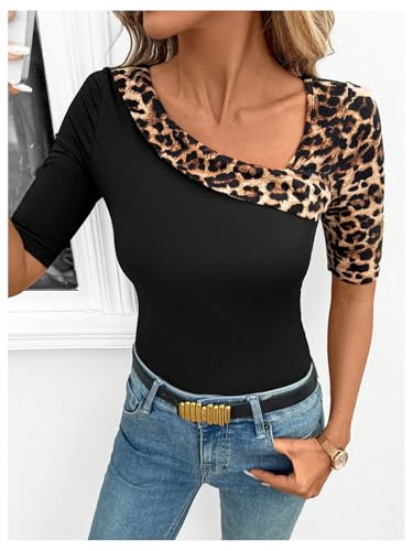 SOLY HUX Women's Leopard Print T Shirt Asymmetrical Neck Half Sleeve Tee Going Out Slim Fitted Tops3