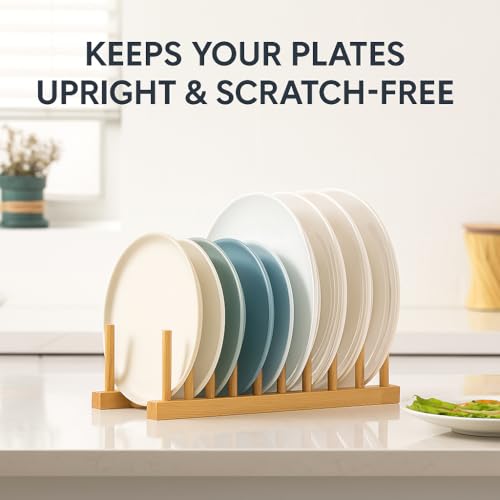 Image of HOMEZE Bamboo Wooden Dish Rack & Book Organizer | 10-Slot Plate Stand Holder for Plates, Lids, Cutting Boards & Pans| Multipurpose Wooden Storage Rack for Kitchen Countertop & Cabinet Organization