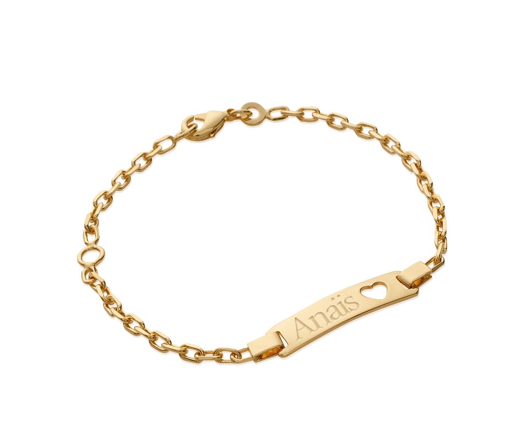 Tata Gisèle Pulsera infantil chapada en oro de 18 quilates, placa para grabar con corazón calado, 14/16 cm, grabado incluido, 16 cm, oro