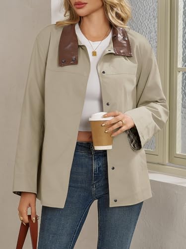 Tankaneo Womens Trench Coat Oversized Fall Barn Jacket Leather Collar Plaid Color Block Windproof Overcoat3
