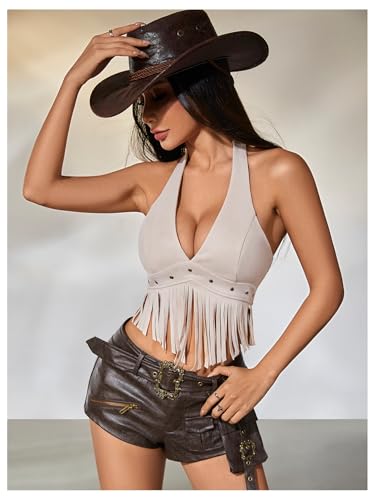MakeMeChic Women's Western Cowgirl Fringe Faux Suede Halter Tops Tie Backless Sleeveless Rodeo Concert Outfits3