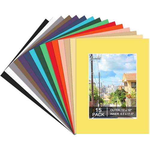 15 Pack 12x16 Picture Mats, Mixed Colors Frame Mattes for 9x12 Pictures Photo Frame Mat Core Bevel Cut Mat Board Show Kit for Photos, Prints, Artworks