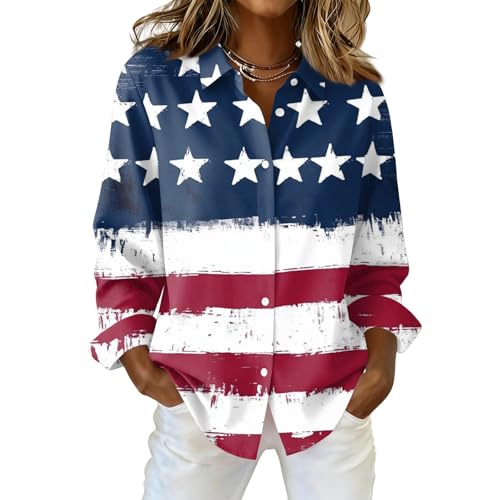 NBXNZWF 4th of July Shirts Women American Flag Patriotic Shirt Independence Day Long Sleeve Button Down Outfits 250th Anniversary USA Shirt Women Oversize 4th of July Shirts