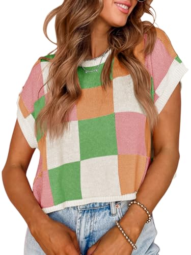 Image of Saodimallsu Womens Cap Sleeve Crop Tops Summer Color Block Going Out Crew Neck Knit Trendy Casual Sweater