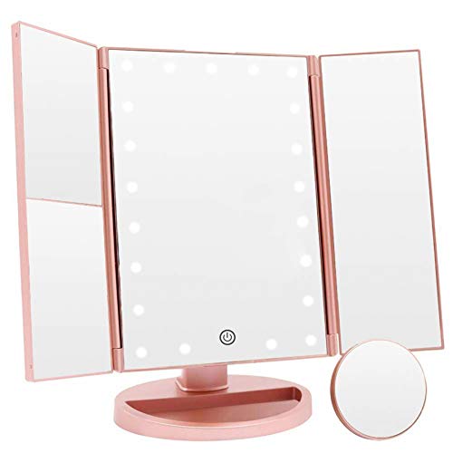 Makeup Vanity Mirror with 21 LED Lights, COSMIRROR Trifold Lighted Makeup Mirror with 1X 2X 3X 10X Magnification and Touch Screen, 180 Degree Rotation, Dual Power Supply Light Up Mirror (Rose Gold)