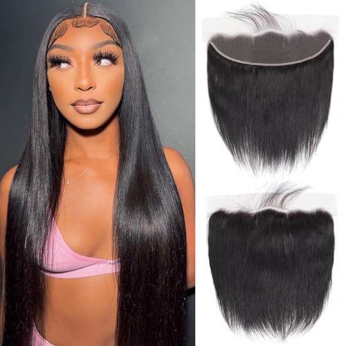 13x4 HD Lace Frontal Human Hair Straight Ear to Ear Lace Frontal Closure Pre Plucked 16 Inch Free Part Brazilian Virgin Human Hair 150% Density Hair Extensions Natural Black