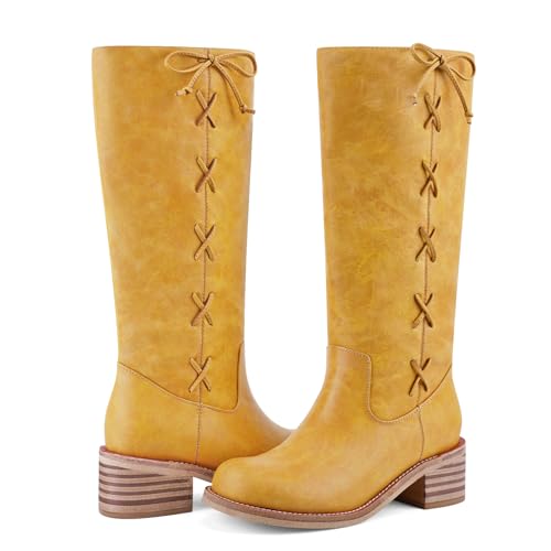 Image of UBWDU Women's Knee High Boots Chunky Block Heel Long Boots Square Toe Low Heel Boots for Women