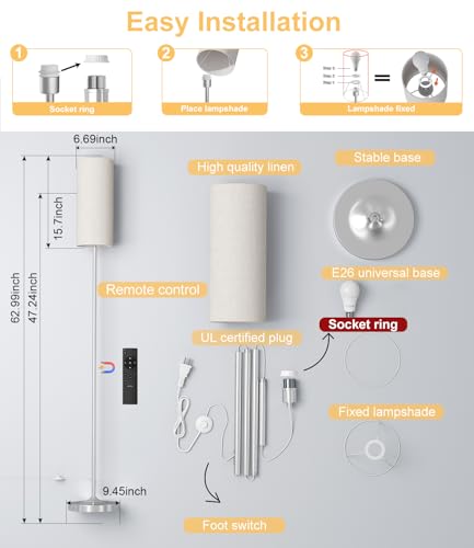luckystyle LED Floor Lamp for Living Room, Dimmable Standing Lamps with Foot Switch,Remote Custom Color Temperature Silver Pole Lamp with Lampshade,12W Led Bulb Tall Lamps for Bedroom Office Kid Room