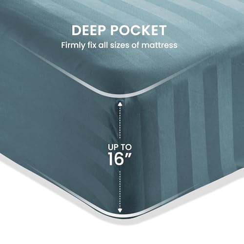 SLEEP ZONE Striped Cooling Twin Sheets Set for Kids - Fitted Flat Sheet & Pillowcase Sets 3 Piece - Super Soft Stripe Bed Sheet, Easy Care, Deep Pocket (Flint Blue, Twin)