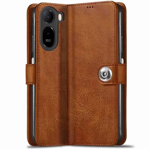 Image of TheGiftKart Genuine Leather Finish Flip Back Cover Case for Mi Redmi A7 Pro /Poco C85x 5G / C81 | Inbuilt Pockets & Stand | Designer Button Magnet Flip Back Cover Case (Faux Leather, Brown)