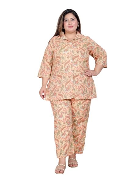 Women Cotton Floral Print Plus Size Peach Co-Ord Set-image-9