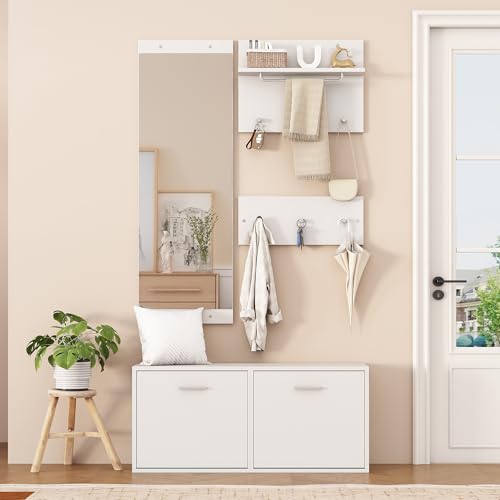HAUSPROFI Garderoben-Set 4-Teilig, Garderobe Flur mit Schuhschrank, Spiegel, Garderobenpaneele, Wandgarderobe mit Ablage, Flurgarderoben Set (Weiß, 90x41.5x30cm) HAUSPROFI Garderoben-Set 4-Teilig, Garderobe Flur mit Schuhschrank, Spiegel, Garderobenpaneele, Wandgarderobe mit Ablage, Flurgarderoben Set (Weiß, 90x41.5x30cm)