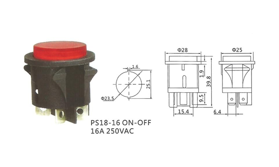 5PCS Red Push Button Switch with Light 4 Pins Touch Power Switch 15A 250V Electrical Round Rocker Switch 28 * 23.2mm PS18-16-2(Red)