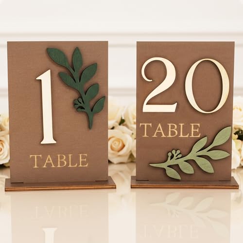 Image of Wedding Table Numbers 1-20 with Holders, Elegant Wood Table Numbers with Eucalyptus Leaves for Wedding Reception, Centerpiece Decoration, Event, Party