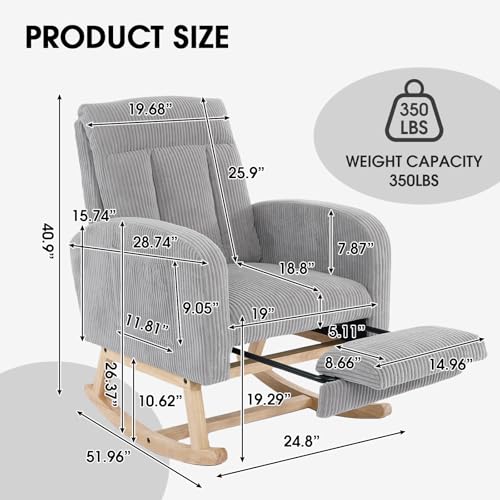 Image of NIOIIKIT Nursery Rocking Chair, Corduroy Upholstered Rocking Chair with Adjustable Footrest, Tufted Rocker Chair with Side Pocket, Glider Rocker for Living Room, Bedroom (Grey Comfy)