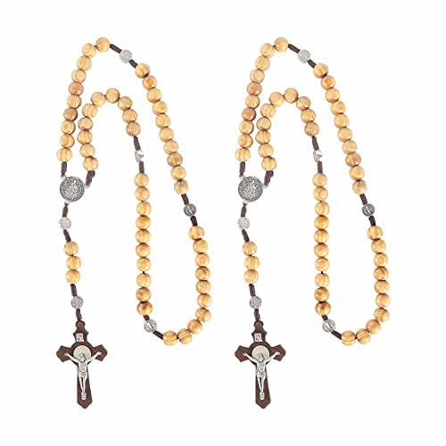 Collier Chapelet en Bois d'olivier 2 pièces Collier Catholique Perles en Bois Chapelet en bois Chaîne de Perles de Bois Croix de Baptême Chapelet Crucifix Médaille pour Homme et Femme 55 * 15cm Cover