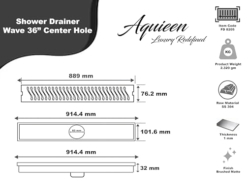Image of Aquieen Shower Water Drainer Floor Bathroom Grating with Grade AISI 304 Anti-Foul Cockroach Trap (Wave Shower Drainer Center Hole, 36 inch x 4 inch)